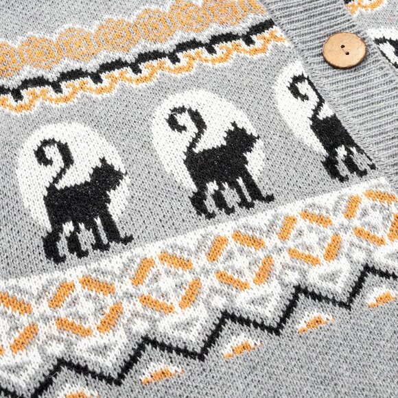 Women's Halloween Cat Cardigan Rayon Nylon Long Sleeve Button Down Sweater - Picture 3 of 4